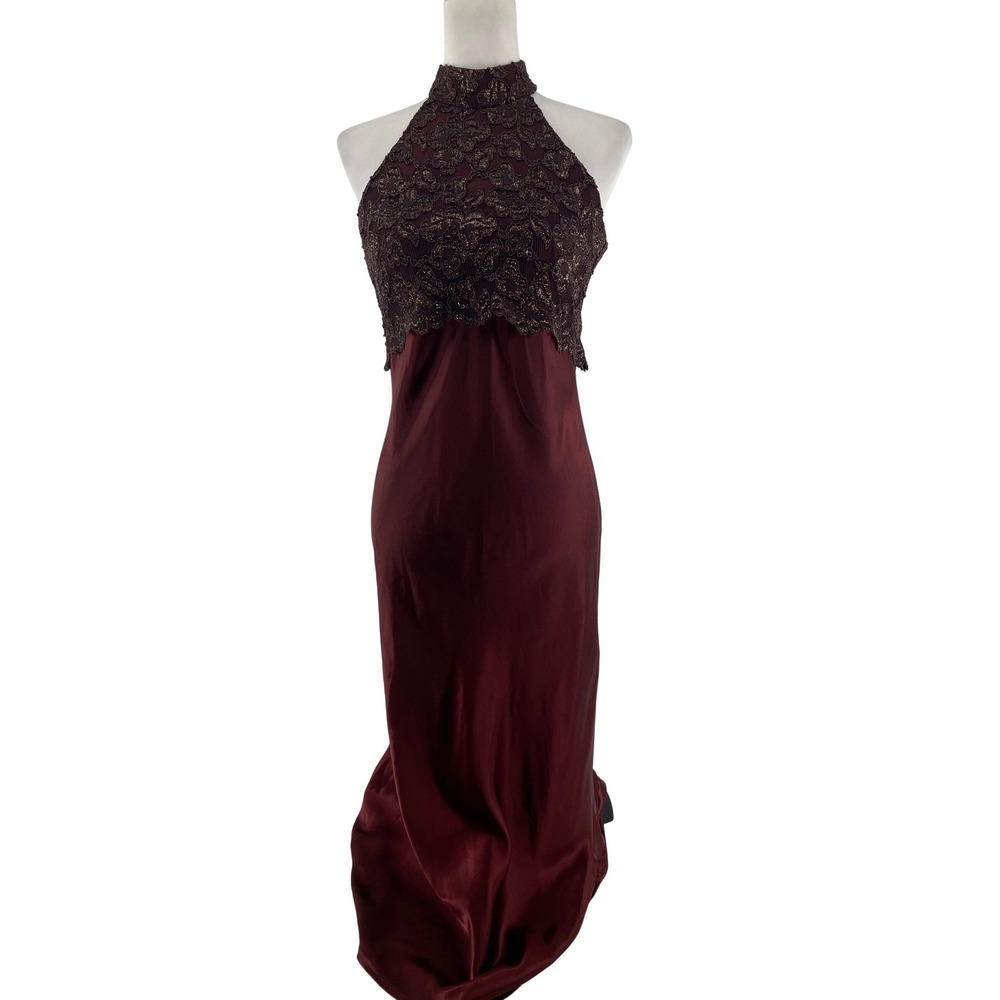 Vintage Roberta Gown Womens Small * Burgundy Halter Lace Satin Dress Prom Y2K